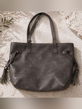 N.Gil Gray Faux Leather Tote Bag Tassel Shoulder Purse